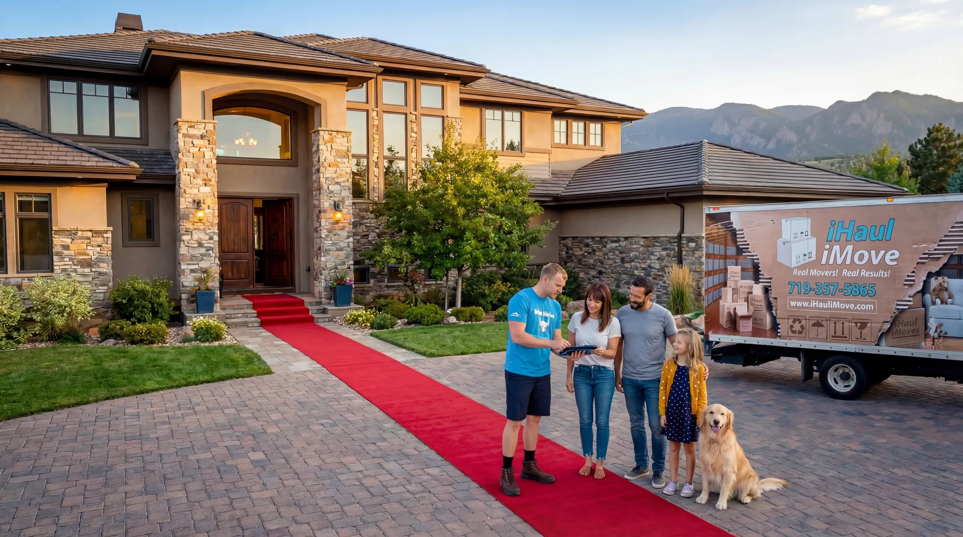 Family signing moving contract with iHaul iMove at golden hour