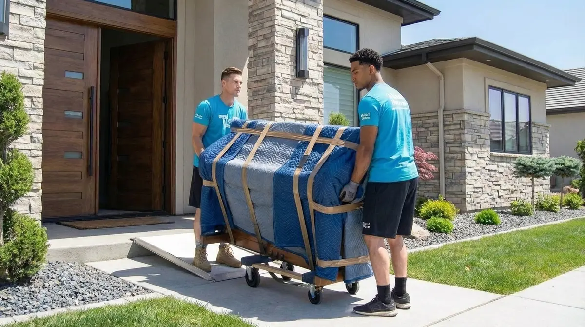 Professional movers handling a piano move
